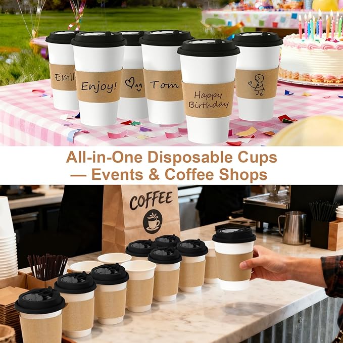 12 oz 500 Pack Coffee Cups with Lids and Sleeves, Straws, Hot Disposable To Go Travel Paper Cups Bulk for Office, Home Coffee Bar Accessories, Chocolate, Cocoa, Beverage (Black)
