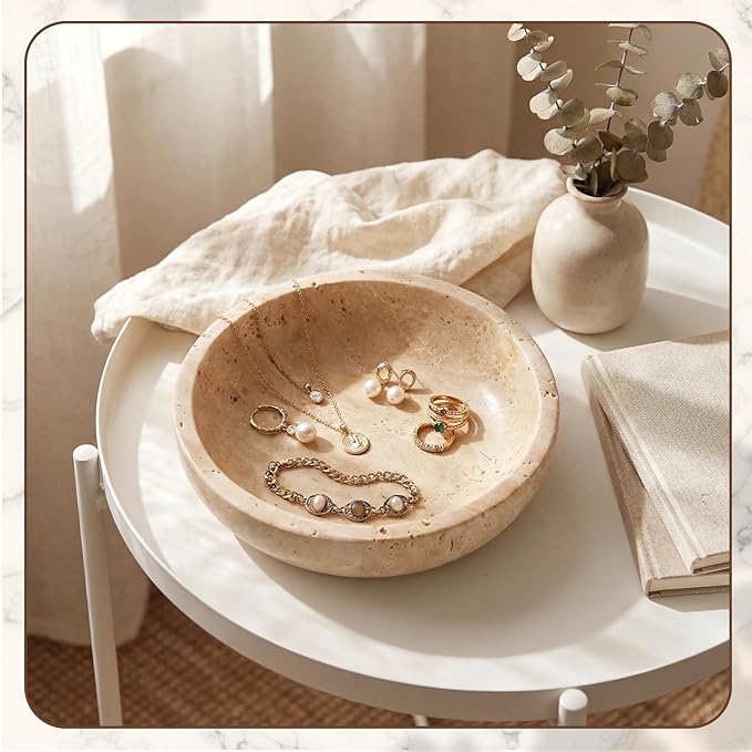 LemonRoad Travertine Decorative Bowl 7.8"x 2" Marble Round Stone Bowl for Entryway Key, Fruit, Kitchen Counter, Dining Table Centerpiece, Office Decor(Beige)