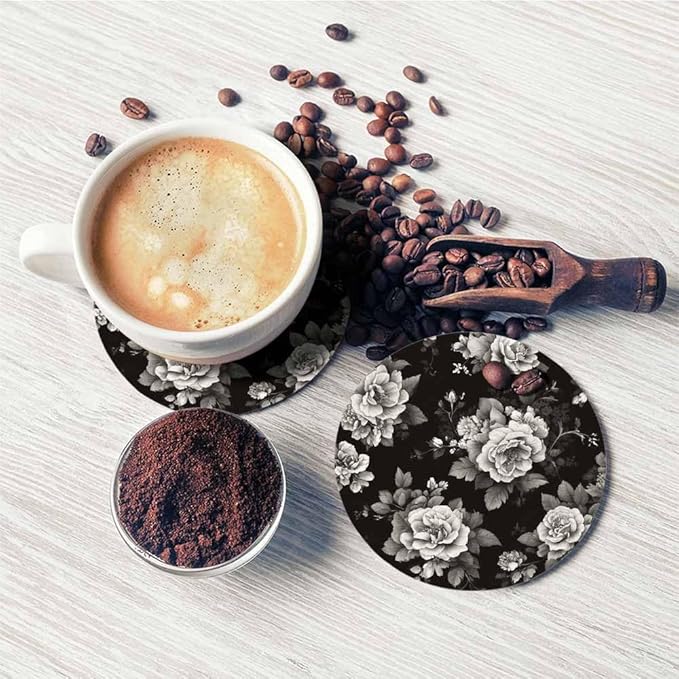 Watercolor Black Flowers Cup Coasters Set of 2 Elegance Botanical Flower Pattern Grey Rose Bouquet Wooden Table Apartment Decor 100% Diatomite for Drinking Glasses,4 Inches
