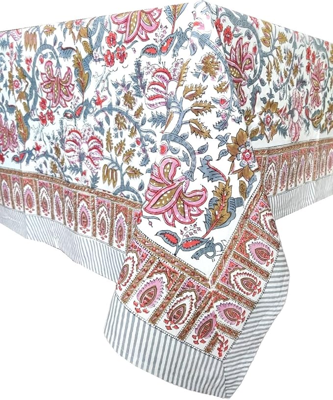 ATOSII Eden 100% Cotton Tablecloth, Handblock Floral Print Square Linen for Kitchen I Dining Table I Parties Wedding Christmas Thanksgiving Outdoors I Spring Summer Decor 60 X 60 Inches I 4 Seater