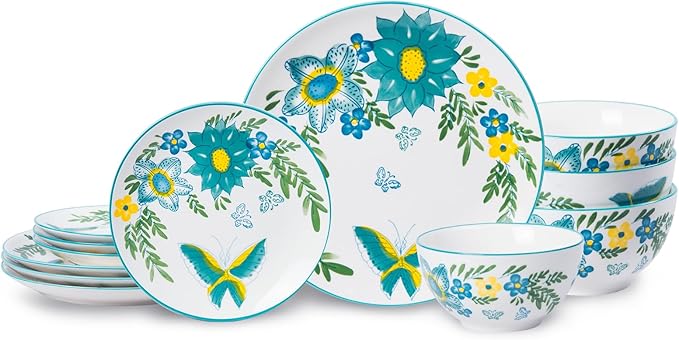 HomePop Ceramic 12-Pieces Dinnerware Sets,Dish Plates and Bowls Sets - Blue Turquoise