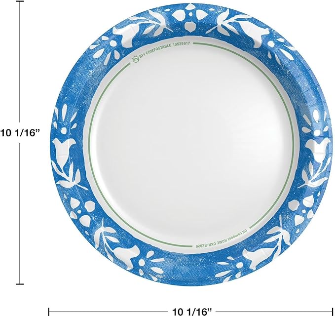 MMember's Mark Ultra Dinner Paper Plates, Blue Floral Pattern, 10 1/16 Inch, Compostable, Cut & Grease Resistant, Microwave Safe, 204 Count