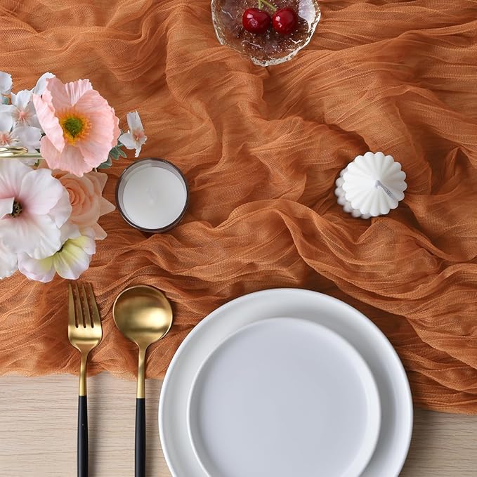 Joanlody Terracotta Cheesecloth Table Runner Spring Easter 10Ft Rustic Gauze Boho Cheese Cloth Table Runner for Wedding Bridal Baby Shower Decoration 10 Pack
