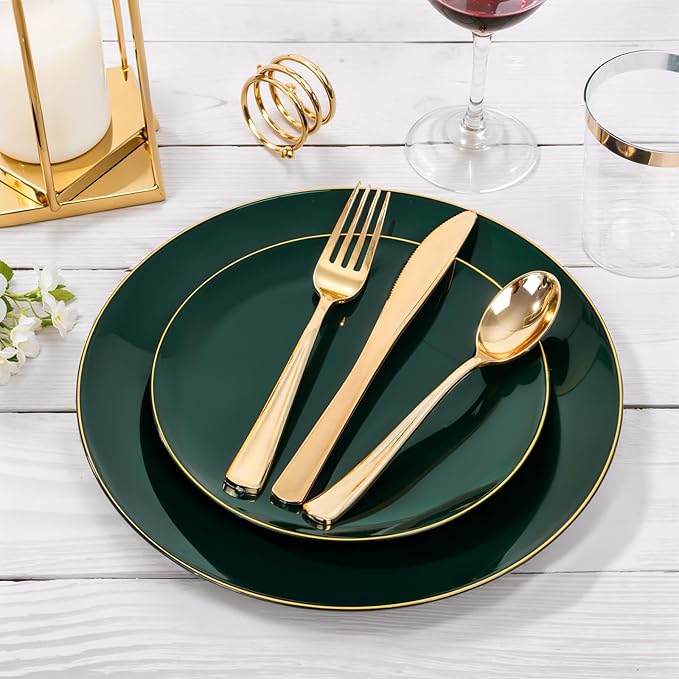 Nervure 100Pcs Green and Gold Plastic Plates - 10.25inch Disposable Green Dinner Plates - Heavy Duty Plastic Plate Ideal for Wedding & Party