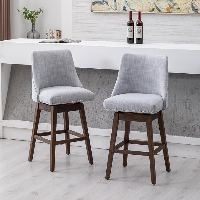 27.5" Counter Height Bar Stool, Linen Fabric Mid Century Modern Swivel Barstool with Back & Wood Legs Comfy Upholstered Counter Chair for Home Bar/Dining Room/Restaurant, Grey