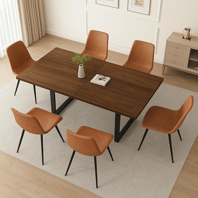 ZckyCine 67" Expandable Walnut Dining Table and 6 Upholstered Chairs, 7-Piece Modern Dining Set