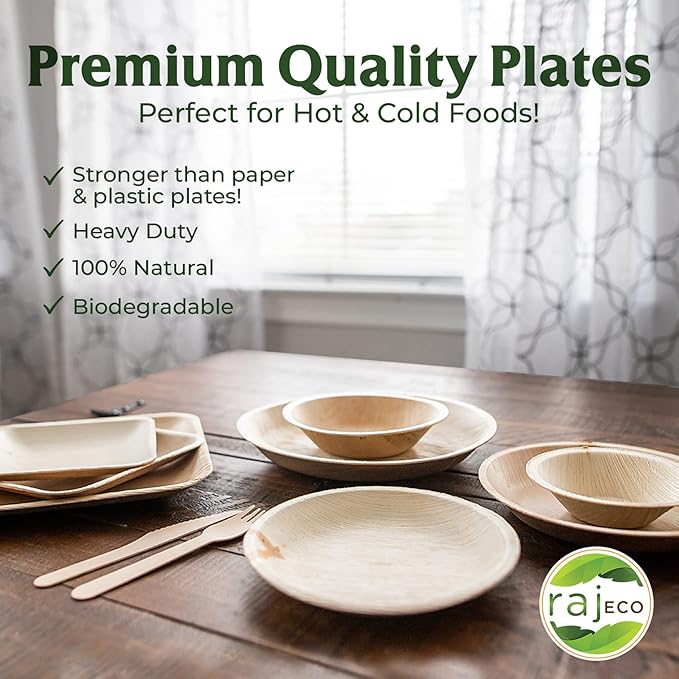 Raj Palm Leaf Plates [100-Pack] 10" Round Plates like Bamboo plates Disposable, Strong, Decorative Compostable Tableware for wedding, Lunch, Dinner, Birthday, Camping, Outdoor BBQ, Picnic…