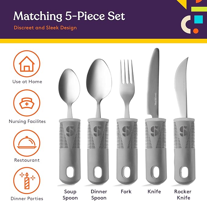 Special Supplies Adaptive Utensils (5-Piece Kitchen Set) Wide, Non-Weighted, Non-Slip Handles for Hand Tremors, Arthritis, Parkinson’s or Elderly Use - Stainless Steel (Grey)