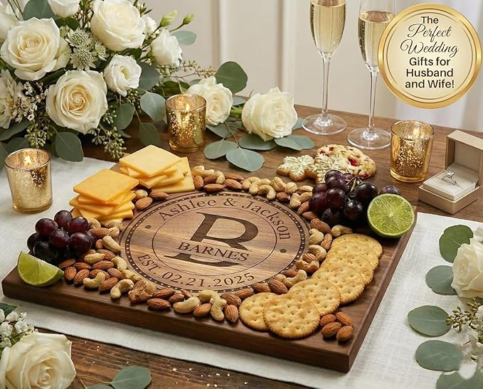 Wedding Gifts or Gifts for Anniversary Couples Custom Cutting Board – Personalized Wedding Gift with Names & Date – Handmade in USA, (Wood Coasters, Display Stand & Gift Wrap options)
