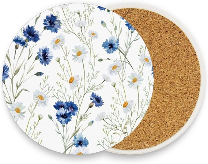 Coasters for Drinks Cup Coasters for Coffee Table Desk Cup Mat Cork Backing for Coasters Round Home Decor Daisy
