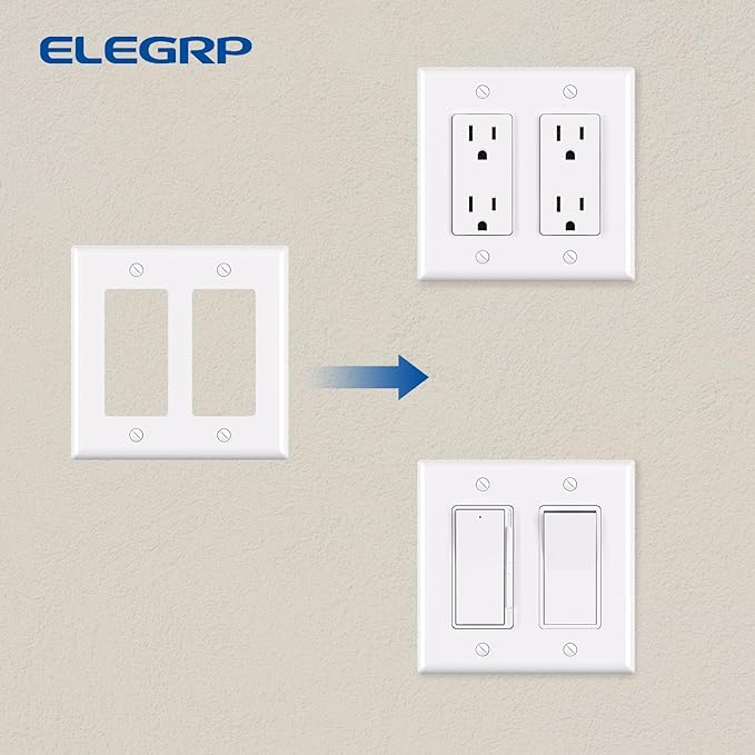 ELEGRP 2-Gang Decorative Wall Plates, Standard Size 4.53" H x 4.57" L Unbreakable Thermoplastic Faceplate Cover for Decorator Receptacle Outlet Switch, UL Listed (1 Pack, Glossy White)