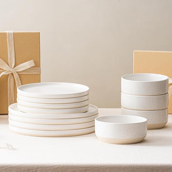 12 Pieces Plates and Bowls Sets,White Dish Set for 4,Premium Serving Dinnerware Sets, Chip and Scratch Resistant Dishware Sets Kitchen Dishes Dining Ware Set(Light Beige)