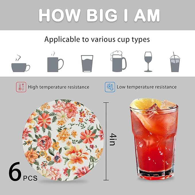 6 Pcs Drink Coasters with Holder,Abstract Flower Absorbent Round Ceramic Coaster for Tabletop Protection,for Coffee Cup Beverage Coasters Wine Beer Bar