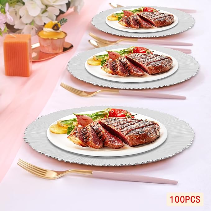 100 Pcs Charger Plates Set, Round Charger Plates, Reusable Serving Plates Embossed Rim Plastic Chargers Plate Decorative Round Plate Chargers