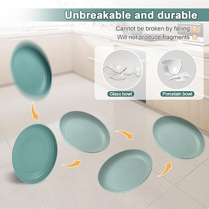 12 Pcs Unbreakable Deep Dessert Plates Set, 8 inch Reusable Plastic Wheat Straw Plates, Microwave and Dishwasher Safe Plate for Kitchen, Lightweight Plate for Dessert, BPA Free, 4 Colors