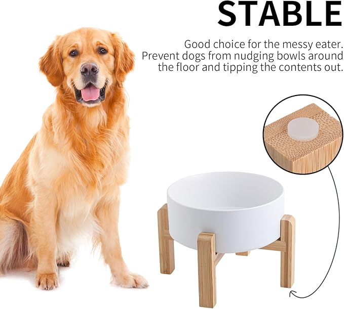 White Elevated Dog Bowl Ceramic for Small Medium Sized Breed,Raised Dog Food Water Bowl with Stand,6 in 3.6 Cups Non Slip Pet Dish Heavy Weighted