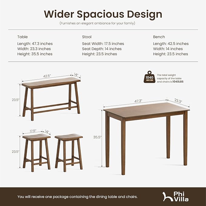 PHI VILLA Kitchen Table with Bench and Chairs, Counter Height Table and Chairs, Solid Wood Small Dining Table Set for 4, High Top Kitchen Table Chairs Set of 4, Rustic Caramel