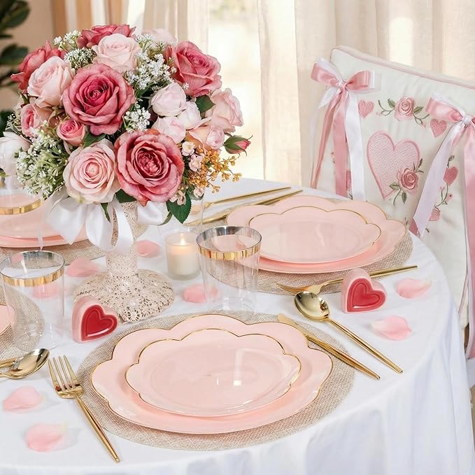 EI 180pcs Pink Plastic Plates with Gold Plastic Silverware,Party Plates Disposable,Pink Dinnerware Set for Afternoon Tea,Wedding,Birthday,Easter,Spring,Mother's Day,Valentine's Day