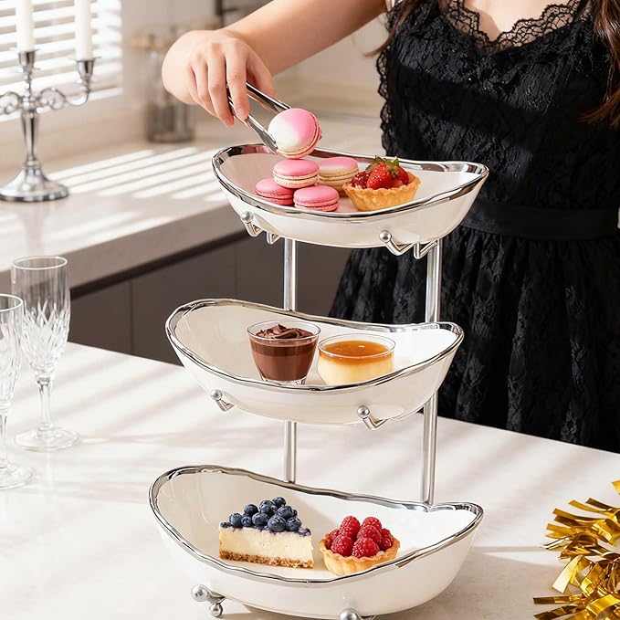 jessie 3 Tier Fruit Bowls for Kitchen Counter,Ceramic Large Fruit Basket Stand,Metal Fruit Serving Tray Snacks Nuts Cake Storage Holder (Silver 1)