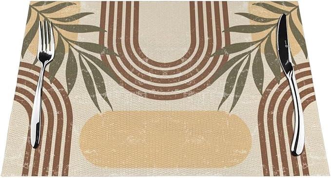 Mid Century Boho Arch Placemats Abstract Geometric Modern Aesthetic Rainbow Leaves Sun Washable Place Mats 12x18Inch for Dining Kitchen Farmhouse Decor 6 PCS
