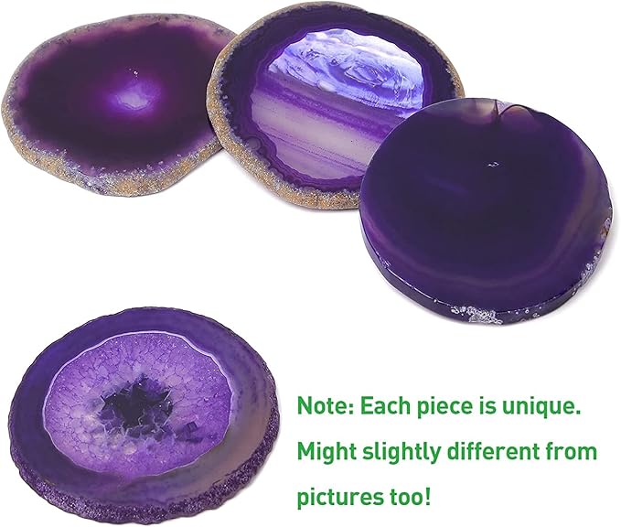 Agate Coaster Set of 4, 3.5-4" Natural Geode Stone Coasters for Drinks Coffee Table Decor Agate Slices Glass Cups Holder for Home Guest Room Housewarming Birthday Gift (Purple)