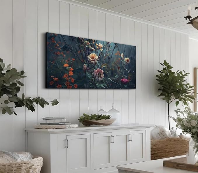 ADJUVANT Wall Art Impressionist Floral 60"L x 30"W, Dark Toned Blossoms With Lush Foliage Canvas Painting Enchanting Flowers Artwork Prints Floral Wall Decor for Living Room Bedroom Study Home Office