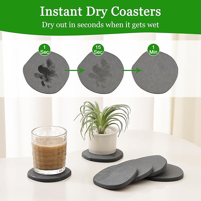 Diatomaceous Earth Coasters Set of 6 for Drinks, Moisture Water Absorbent Stone Coasters for Table Desk at Work, Water Absorbing Instant Drying Diatomite, Modern Grey and White