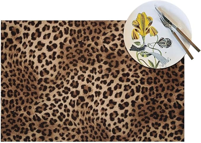 Brown Leopard Placemats Set of 6 Black Cheetah Skin Wild Animal Print Wipeable Table Mats Reusable Washable PVC Rectangle Place Mats for Kitchen Dining Home Decor 12x18 Inches