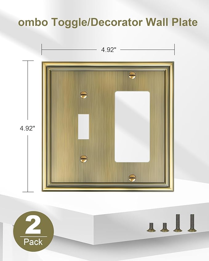 2-Pack Combo Toggle/Decorator Light Switch Cover Plate, Antique Brass Decorative Electrical Outlet Covers, Durable Solid Zinc Alloy Wall Switch Plates and Outlet Covers
