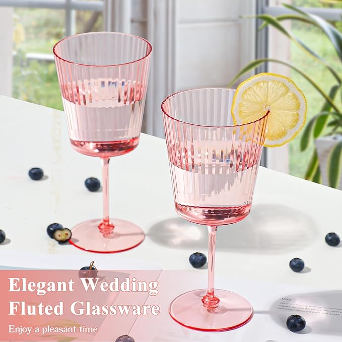 12 PCS Pink Plastic Wine Glasses with Removable Stems 13.5 Oz Pink Ribbed Wine Glasses Square White Wine Glass Muted Pastel Colors Goblets Elegant Fluted Glassware for Wedding Anniversary Birthday