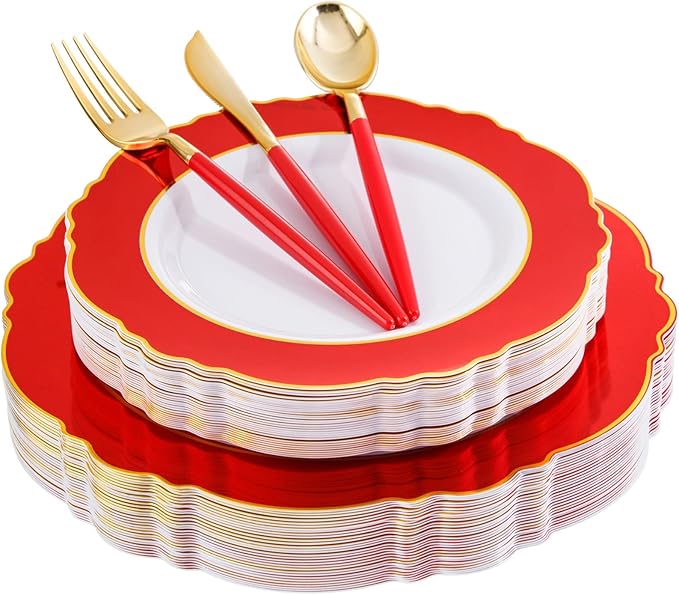WDF 30Guest Red Plastic Plates - Gold Plastic Silverware With Red Handle - Red Plates Disposable- Baroque Plastic Dinnerware for Party Valentine's Day