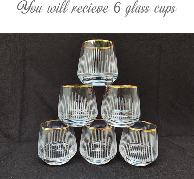 Gold Rim Cocktail Wine Whiskey Drinking Glasses Set of 6 Glassware Rimmed Trim Crystal Cups Juice Water Drinkware Drinks Bar Fancy Party Wedding Vertical Striped