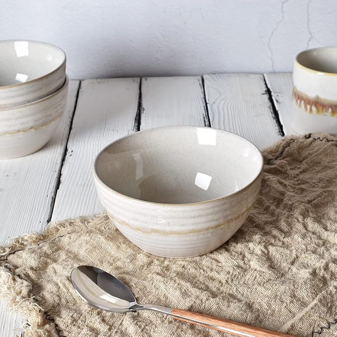 Bosmarlin Ceramic Cereal Bowl Set of 4, 26 Oz, Soup Bowl for Oatmeal, Salad, Dishwasher and Microwave Safe, Reactive Glaze (Beige, 6 in)