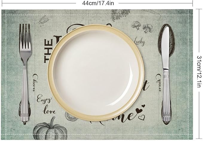 Retro Farmhouse Placemat Set, Minimal Green Gradient Rustic Plank Art Sketch Cutlery Knife Fork Inspirational Quotes Pattern Home Decor Linen Table Mats for Dining Room Kitchen Party (17x12in) x6P