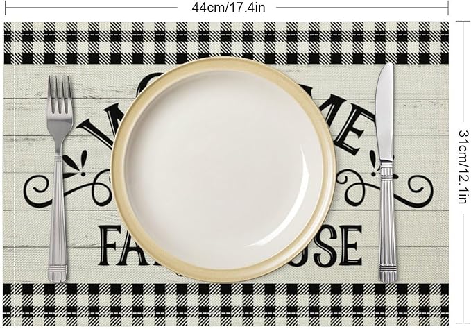 Vintage Farmhouse Placemat Set, Rustic Minimal Black White Check Inspirational Quotes Sketch Sunflower Pattern Home Decoration Linen Table Mats for Dining Room Kitchen Party (17x12in) x4P