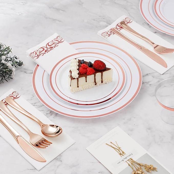 BESTVIP 700PCS Rose Gold Disposable Dinnerware Set for 100 Guests, Plastic Plates for Party, Wedding, Christmas, Include: 200 Plastic Plates, 100 Gold Silverware, 100 Cups, 100 Napkins