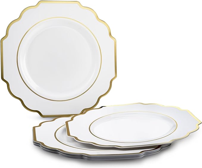 " OCCASIONS " 80 Plates Pack,(40 Guests) Heavyweight Wedding Party Disposable Plastic Plates Set -40 x 10.5'' Dinner + 40 x 8'' Salad/Dessert Plate (Imperial White & Gold)