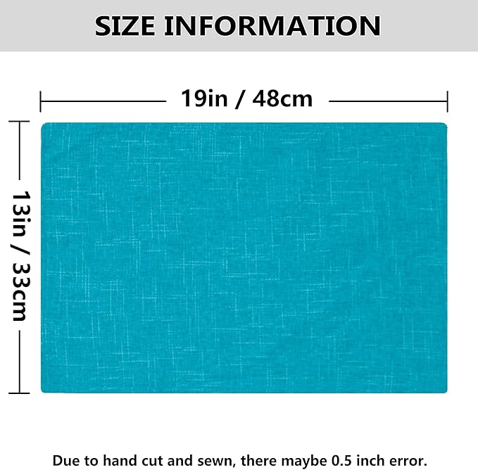 Kevin Textile Burlap Linen Placemats Set of 6 Heat Resistant Dining Table Place Mats Washable Kitchen Table Mats for Dinning Party Holiday Indoor Outdoor, 13 x19 inches,Peacock Blue