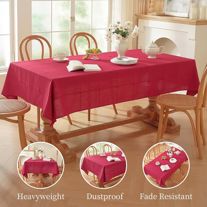 Zobesta Linen Table Cloth Rectangle Table 86 x 53 Inch, Cotton Linen Tablecloth Rectangle Heavy Weight Washable Farmhouse Soft Boho Red Tablecloth for Outdoor, Party, Holiday, Picnic, Dining