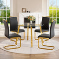 42" Round Glass Dining Table Set for 4,Modern Breakfast Table Set for 4 with Luxury Gold Chrome Legs,Space Saving Kitchen Table and Black Chairs for Apartment,Easy Assembly