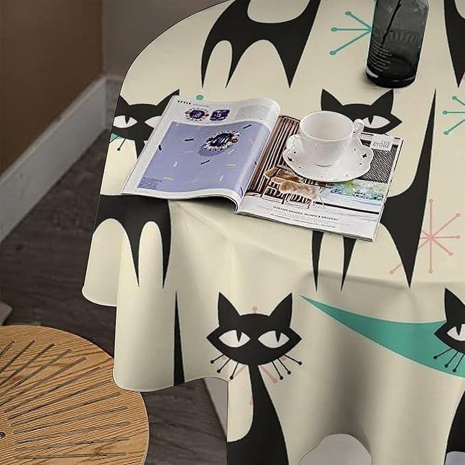 Mid Century Colorful Modern Cat Round Tablecloth, Medieval Bohemian Abstract Animal Tablecloth for Home Party Dining Room Kitchen Decor 50Inch(127cm)