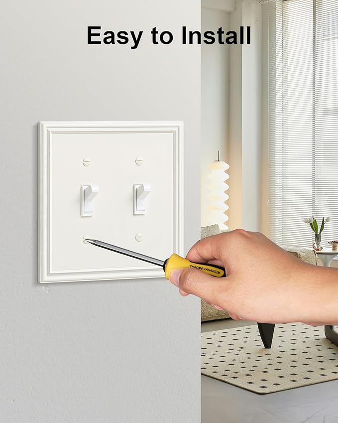 2-Pack Double Toggle Light Switch Cover Plate, Durable Solid Zinc Alloy Decorative Dual Switch Plate Covers, Light Almond 2 Gang Wall Plate, Corrosion Resistant