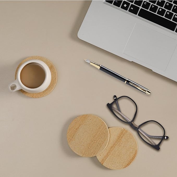 Absorbent Coasters Set of 6, Desert-Like Patterns Natural Sandstone Coaster with Holder for Coffee Table Decor, Rustic Stone Drink Coasters with Velvet Backing, Made from Australian Sandstone