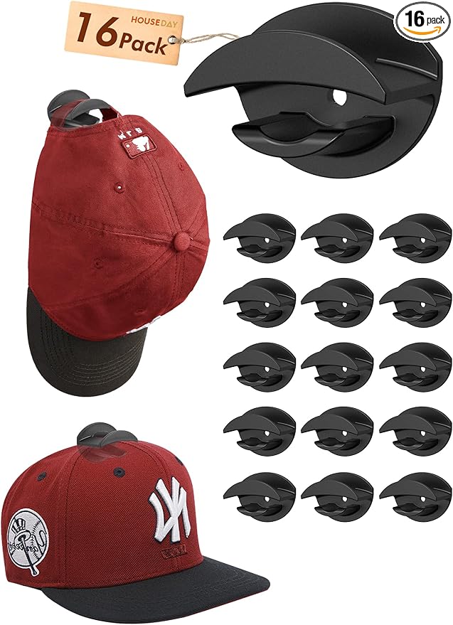 HOUSE DAY Adhesive Hat Hooks for Wall 16 Pack, Strong Hat Rack for Baseball Cap Display Organizer, Hats Holder for Wall, Door, Closet, No Drilling, Black