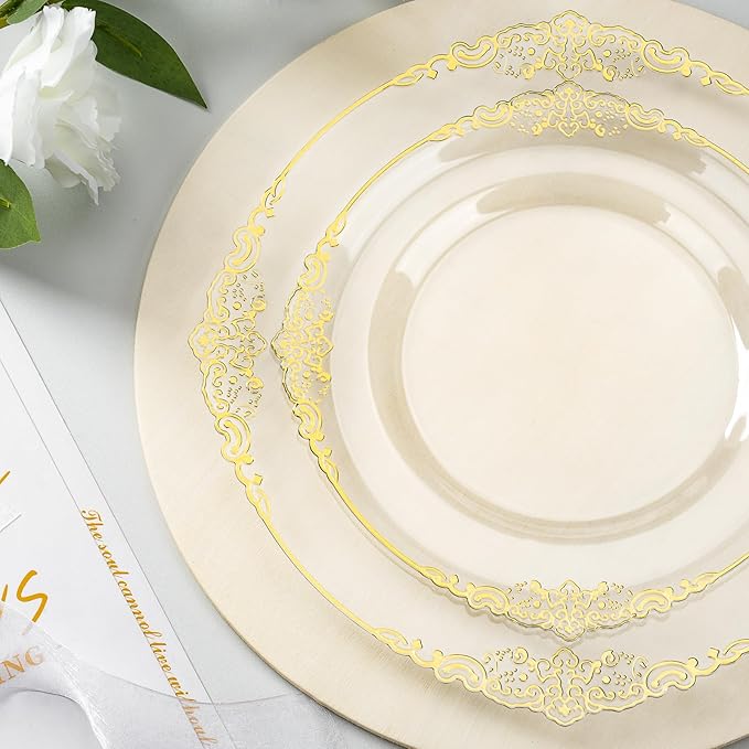 350PCS Clear Plastic Plates for 50 Guests, Disposable Dinnerware Sets Include 50 Gold Rim Plastic Plates, 25 Silverwares, 25 Cups, and 25 Pre Rolled Napkins for Party, Wedding and Graduation