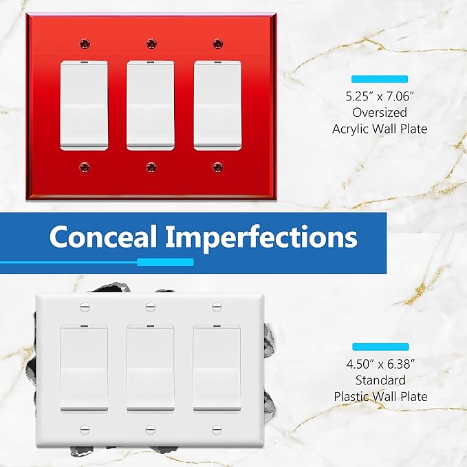 LIDER Reflective Acrylic Decorator Wall Plate, Mirrored Light Switch Plate, Plexiglass Outlet Cover, Acrylic Glass, Oversized 3-Gang 5.25" x 7.06", LWP-33O-ARD5P, Red, 5 Pack