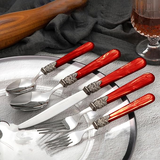 20 pieces 18/10 Stainless Steel Silverware Sets With Red Handle,Vintage Cutlery Sets,Sliverware set Service for 4,Dishware Safe (20, Red)