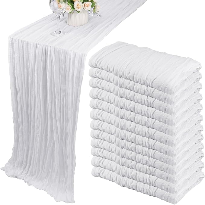 12 Pack 13Ft Cheesecloth Table Runner 35x157 Inch Boho Gauze Table Runner Cheese Cloth Long Table Runner Rustic Table Runner for Wedding Bridal Shower Birthday Party Table Decor (White)
