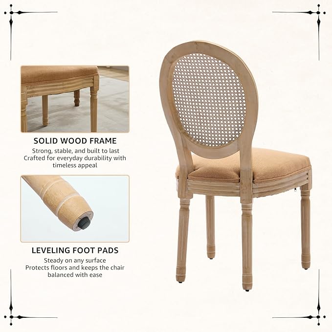 Vintage French Rattan Dining Chairs Set of 8, Round Back Accent Chairs with Rattan Backrest and Upholstered Linen Seat, Solid Wood Frame Sillas de Comedor for Dining Room & Kitchen, Camel