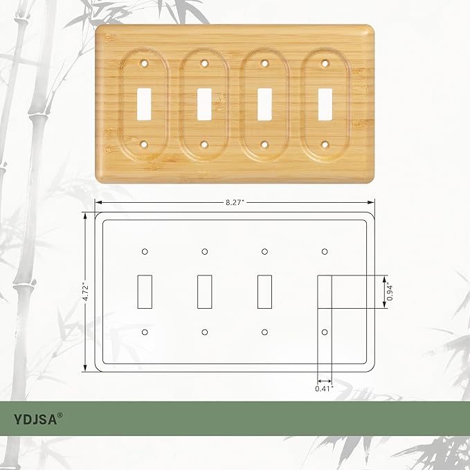 Bamboo Wood Cover Plate for 4 Toggle Switches Quad Size